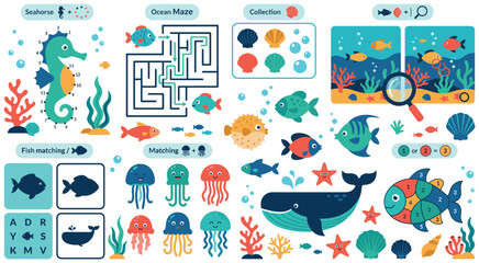 Naklejka premium Kids learning ocean theme set with colorful cute fishes.