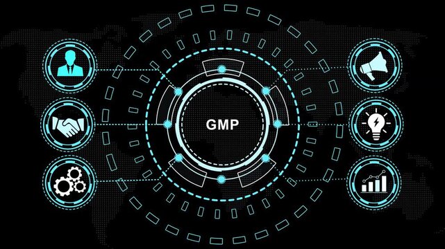 Digital gmp good manufacturing practice concept interface with animated hud global business and futuristic data visualization for pharmaceutical, industrial, and control presentations