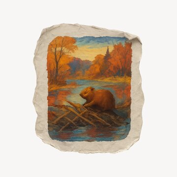 Beaver on autumn riverbank painting.