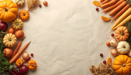 Fototapeta premium Top view autumn flat lay with harvest vegetables including pumpkins, carrots, onions, and berries framing a crumpled parchment paper background with center copy space.