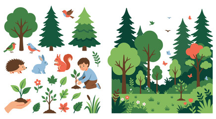 Naklejka premium Forest elements with trees plants boy planting seedling.