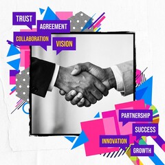 Fototapeta premium Vibrant handshake illustration with business success and partnership keywords overlay