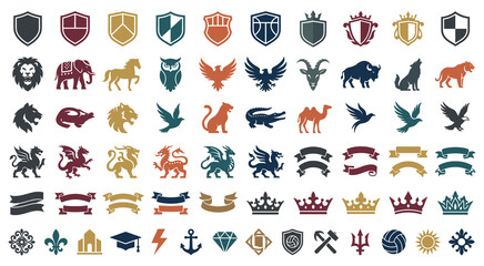 Obraz premium Shield emblem icon set for medieval heraldry branding.