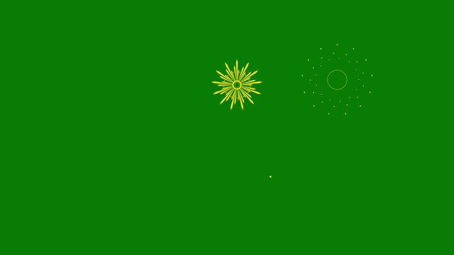 Elegant fireworks circle line animation with glowing white burst effects, geometric spark trails, glitter dust particles, flat cartoon vector explosions, dynamic motion graphics, green background 4k