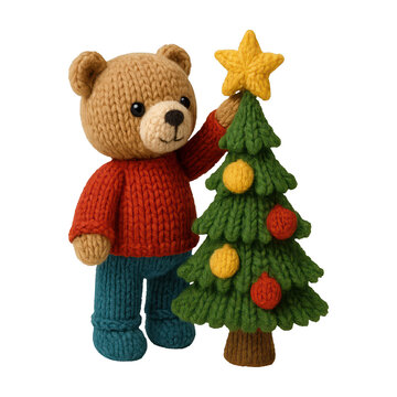 PNG Knitted bear decorates festive tree.