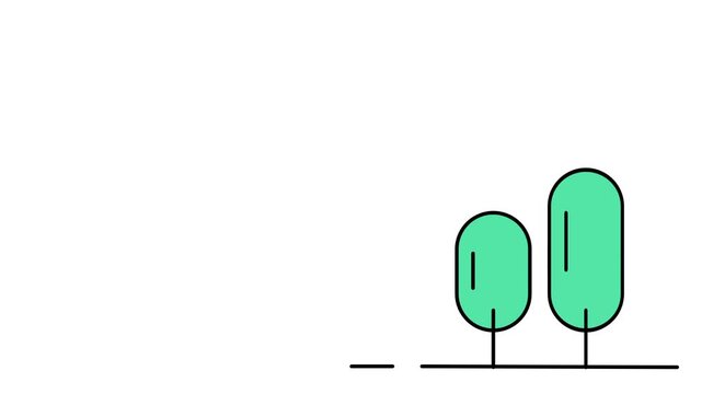 displays a minimalist graphic art piece showing two simple stylized green trees standing together on a horizon line without any period symbol
