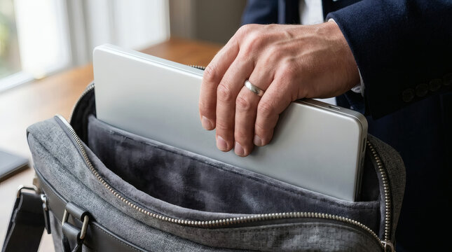 Businessman Placing Laptop Into Grey Bag Before Travel, Commuter Packing Technology For Work