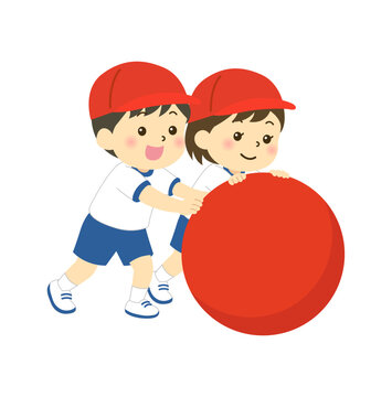 運動会の大玉転がしをする子供たちのイラスト