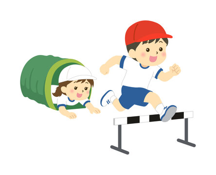 運動会の障害物競走で跳び越える子供のイラスト