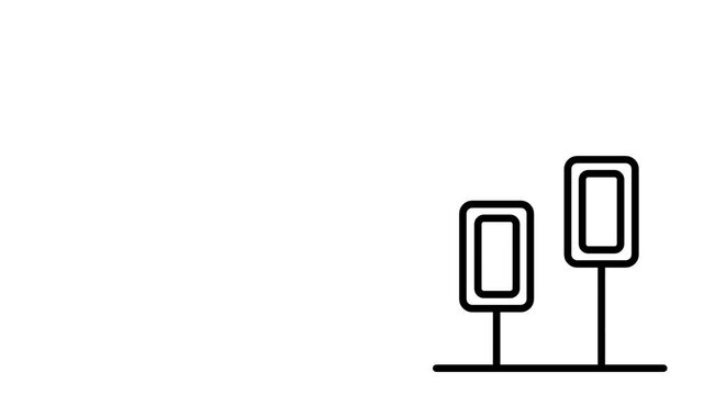 displays a minimalist graphic illustration of three rectangular outlined trees standing on a black baseline without a period