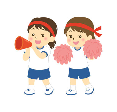 運動会で応援する子供たちのイラスト　メガホンとポンポン