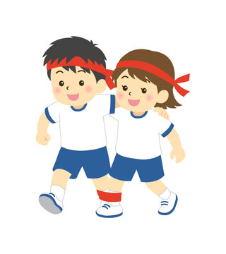 運動会の二人三脚競技をする子供たちのイラスト