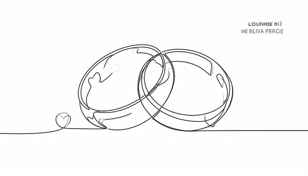 Minimalist continuous line drawing of interlocking wedding rings with a heart symbol for marriage and romantic love concept