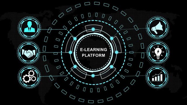 Dynamic e-learning platform hud interface featuring animated digital map background, global education technology interactive user interface and futuristic data visualization