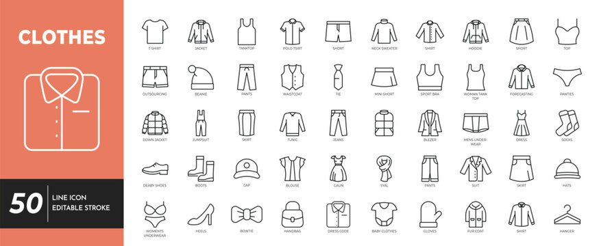 Clothes icon set. Editable stroke. Vetor illustration