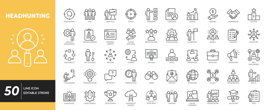 Headhunting icon set. Editable stroke. Vetor illustration