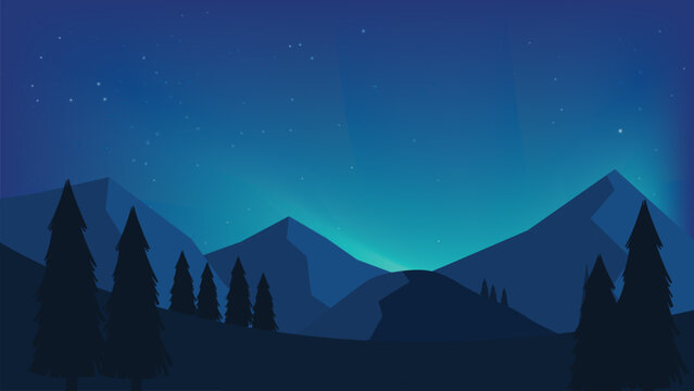 Northern lights aurora borealis over mountain silhouette with pine forest, starry night sky, and blue teal landscape illustration for nature banner background.