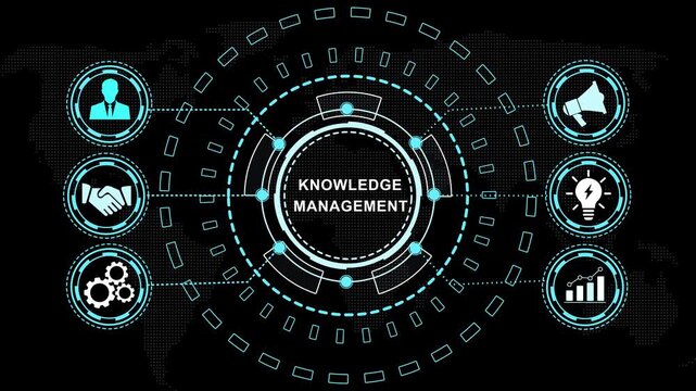 Dynamic knowledge management infographic hud interface featuring global business network connectivity, digital data processing, corporate strategy and futuristic ui for presentations
