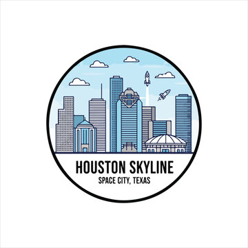 Round emblem featuring the Houston, Texas city skyline, space rocket, and the Astrodome.