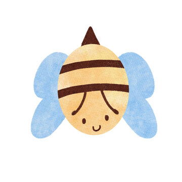hand drawn bee with blue wings in cartoon style for kindergarten, bee illustration, childbook animal character