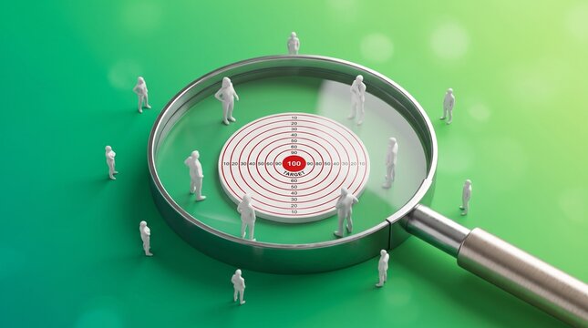 Magnifying glass focusing on target with tiny figures in futuristic green workspace