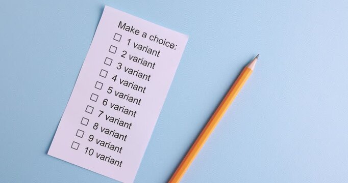Paper sheet with phrase Make a choice and list of variants with pencil on light blue background, spinning. Top view
