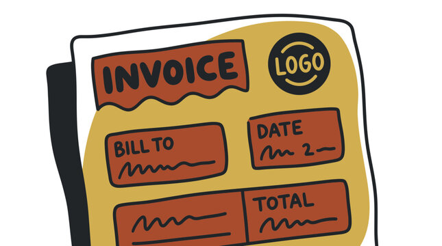 Hand drawn stylized vector illustration of a business invoice document with billing and payment sections