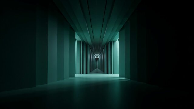 Futuristic dark corridor with teal lighting, cinematic sci-fi hallway interior, mysterious industrial tunnel background for gaming