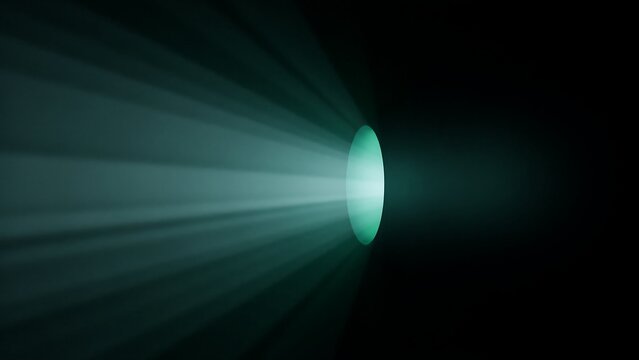 Cinematic projector light beam in dark room, teal glowing lens flare with volumetric rays, dramatic spotlight effect for theater