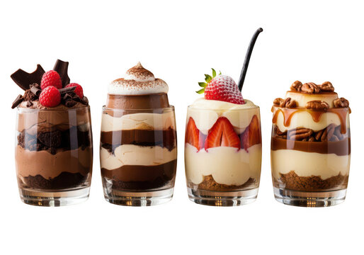 Four delicious layered dessert cups with fruit and cream isolated on transparent background