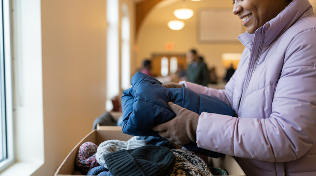 Smiling woman packing winter coat into donation box. Community charity drive and volunteer work supporting needy people