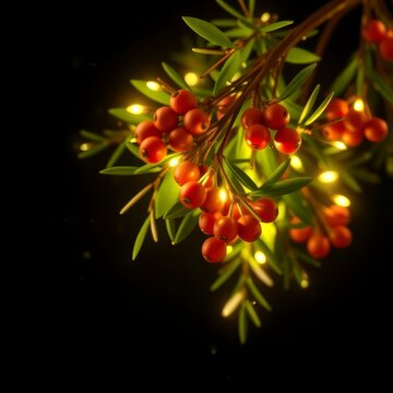 Christmas holly branches with festive glowing fairy lights