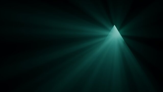 Cinematic teal light rays through triangular opening, mysterious dark volumetric lighting, abstract geometric beam background