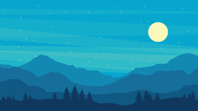 Cyan full moon night landscape background with blue mountain range silhouette, pine forest, and starry sky illustration for travel poster.
