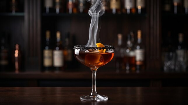 Smoked whiskey cocktail with black salt rim and ice cube on dark marble bar counter in cinematic moody lounge.