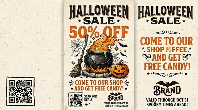 Halloween sale flyer with cauldron and qr code