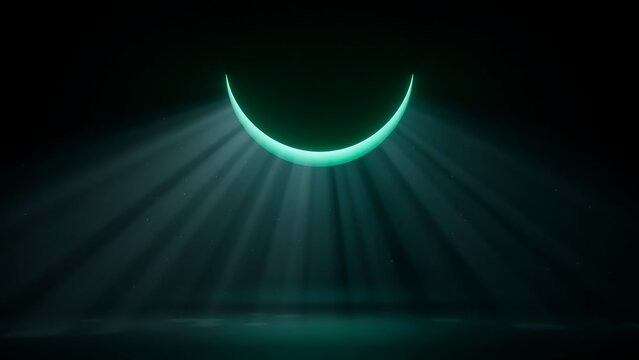 Glowing teal crescent moon with light rays, futuristic neon lunar arc on dark background, cinematic sci-fi moon phase lighting