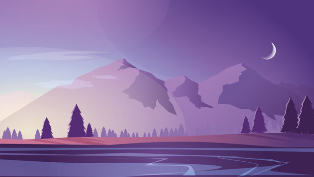 Purple night landscape illustration with crescent moon, mountain silhouette, pine trees, and lake reflection for travel banner and poster design.