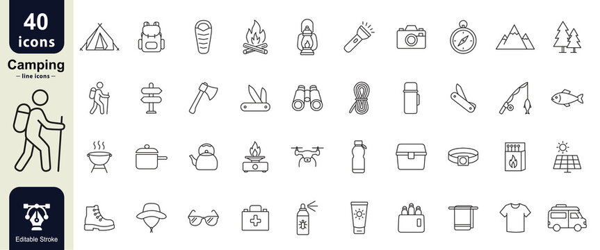 Camping line icon set including tents, backpacks, fire, compass, hiking gear, tools, editable stroke