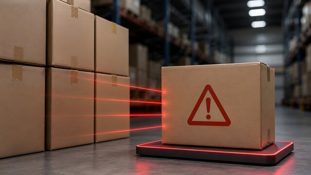 Automated warehouse package scanning with red alert warning triangle and laser security system during logistics inspection