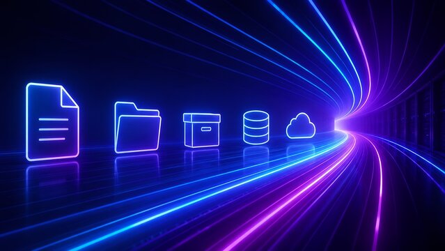 High speed digital data migration and cloud computing network tunnel with glowing neon file management icons