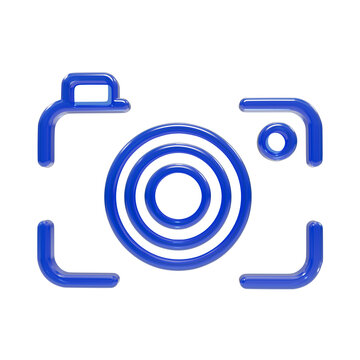 Glossy blue 3d outline camera symbol with four corner bracket corners on black minimalist