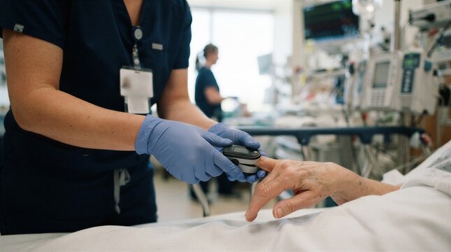 Nurse checking patient's blood oxygen level with pulse oximeter in hospital