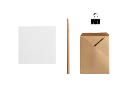 Stationery set with brown envelope pencil and paper note isolated on transparent background