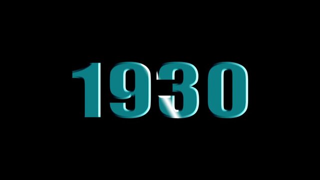 Year 1930 Scaling Text Animation with Bevel and Light Sweep Effect on Black Background.