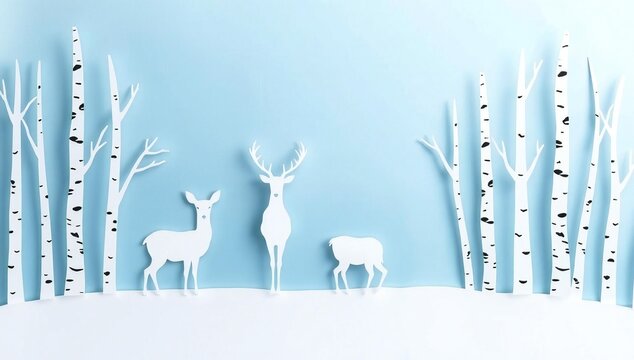 Winter wonderland with deer and birch trees