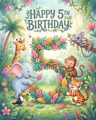 Fototapeta premium Jungle animals surrounding leafy number five for fifth birthday celebration