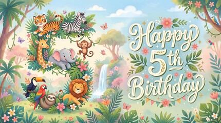 Fototapeta premium Jungle animals celebrating fifth birthday in tropical forest landscape