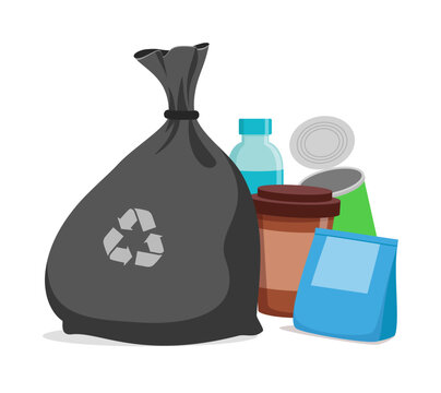 Collection of household recyclable waste items with a black garbage bag bottle cup can and pouch on white