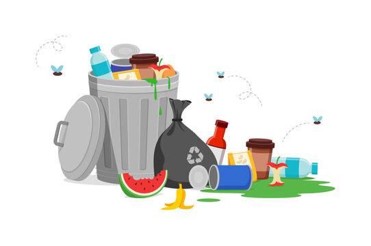 Overflowing trash can filled with various garbage items and buzzing flies creating a messy unsanitary scene